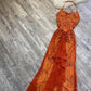 Robe de soirée longue élégante à bretelles spaghetti et perles vintage orange, robe de bal, robe de bal, robe de bal, nv3263