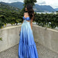 Blue Gradient Spaghetti Strap Long Satin Ball Gown Evening Dress Holiday Party Dress nv2950