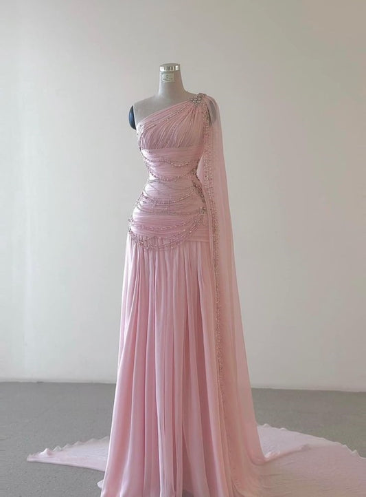 Pink Beaded Elegant Floor-Mounting Maxi Dress Long tulle Ball Gown Evening Dress nv2645