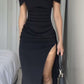 Black simple Off Shoulder elegant  split long  long dress for ball and evening party nv1769