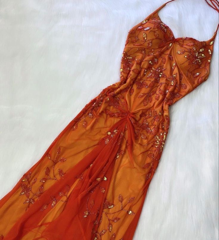 Robe de soirée longue élégante à bretelles spaghetti et perles vintage orange, robe de bal, robe de bal, robe de bal, nv3263