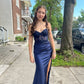 Blue lace elegant long satin ball gown evening dress nv2978