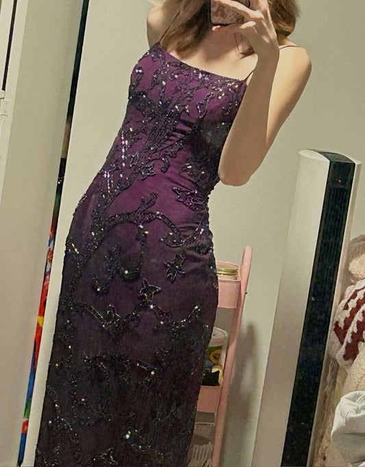 Robe de soirée longue en satin à bretelles spaghetti, magnifique, brillante, exquise, perlée, élégante, sexy, fendue dans le dos, violet, nv3271