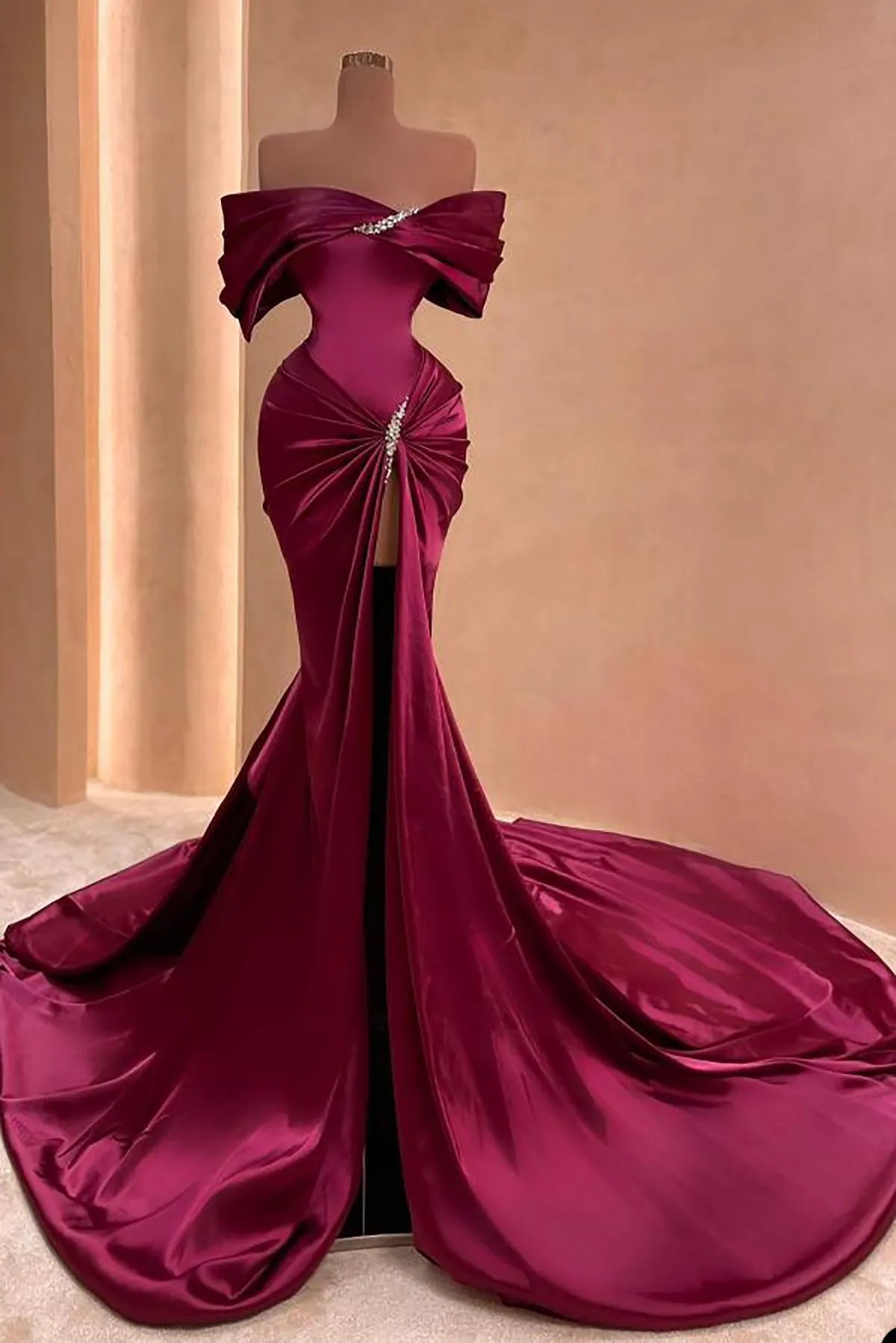 Purple gorgeous elegant exquisite beaded long satin floor-length trailing ball gown evening dress party dress nv2851