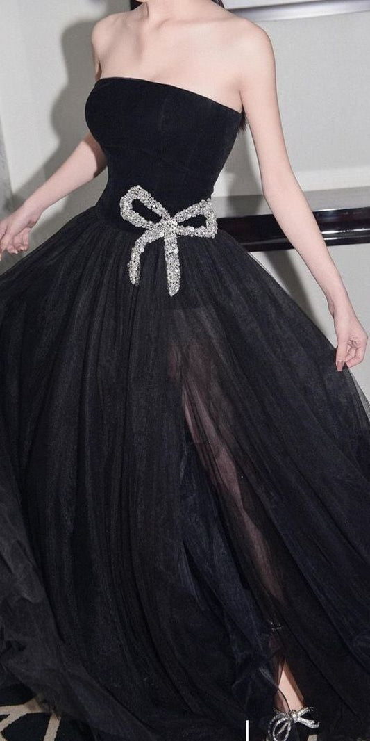 Black Bow Rhinestone Decoration A-Line Long Tulle Ball Gown Evening Dress Christmas Holiday Party Dress nv3071