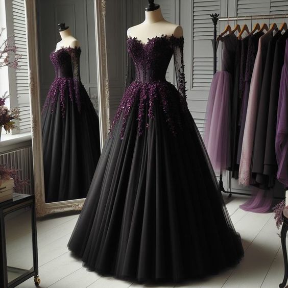 Robe de soirée longue en tulle à appliques florales délicates noires violettes nv3360