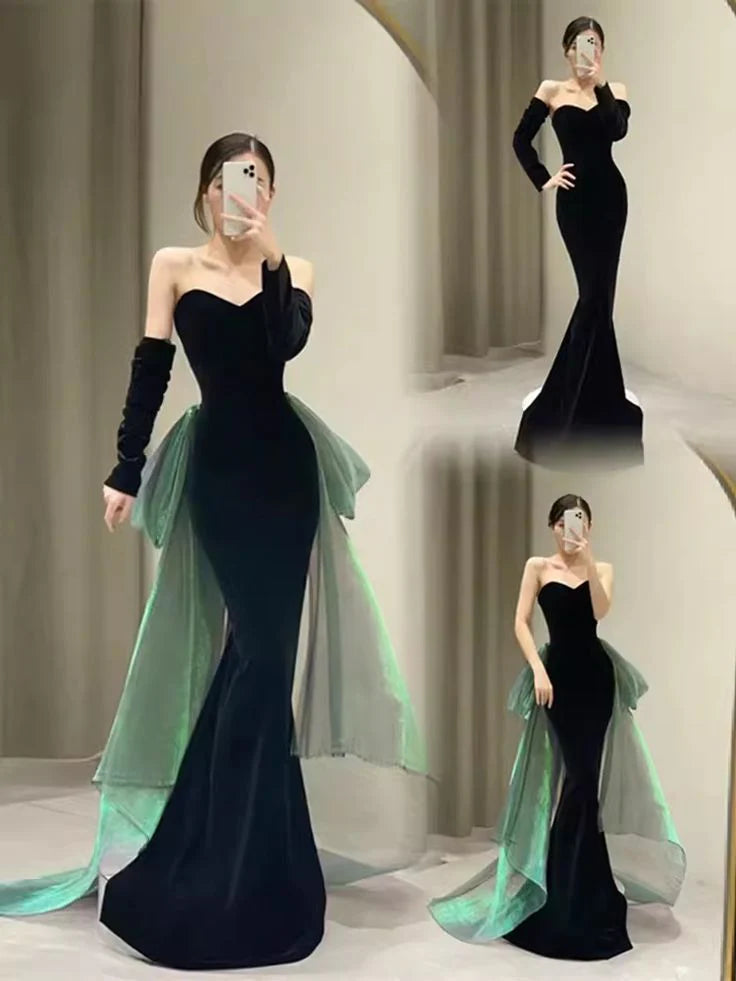 Schwarzes sexy elegantes schulterfreies Meerjungfrau-Lang-Samt-Ballkleid mit Ärmeln Abendkleid Partykleid nv2326