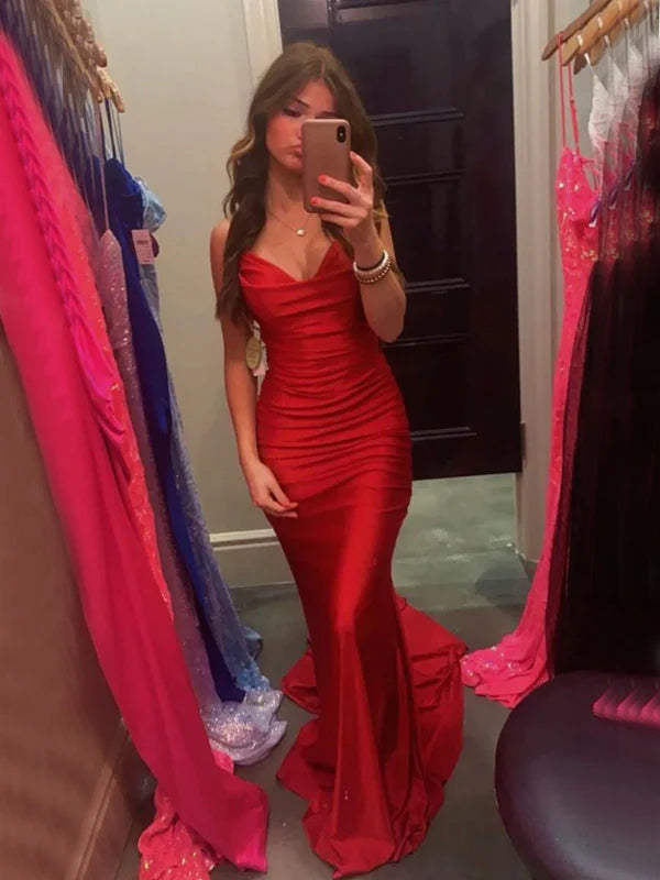 Red Sexy Spaghetti Strap V Neck Sleeveless Mermaid Satin Long Trailing Ball Gown Evening Dress Party Dress nv2455