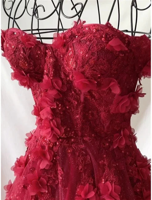 Robe de soirée longue élégante en tulle rose/violet/rouge à fleurs exquises et à épaules dénudées nv3306