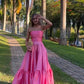 Cute Elegant Pink A-Line Off Shoulder Long Satin Prom Dress Evening Gown Party Dress Birthday Dress Simple nv2406