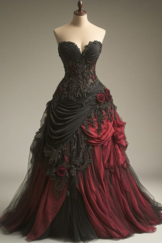 Robe de soirée longue élégante en tulle avec appliques florales roses et perles exquises vintage noires et rouges nv3343