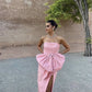 Pink Elegant Simple Unique Bow Satin Maxi Dress Long Slit Ball Gown Evening Dress nv2735