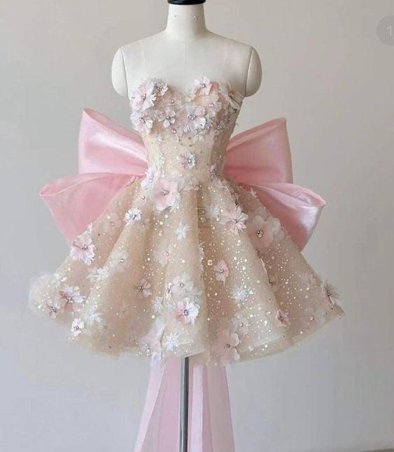 Rosa süße Applikation funkelnde Pailletten kurzes Mini Tüll Homecoming Kleid Ballkleid nv2797