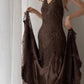 Brown vintage elegant suspender lace spaghetti strap long satin ball gown evening dress nv1375