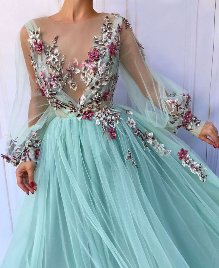 Turquoise Ball Gown Applique Lace Long Sleeve A-Line Floor Length Fairy Evening Gown nv2896