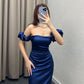 Blue short sleeve simple elegant maxi dress long slim ball gown evening dress nv2671