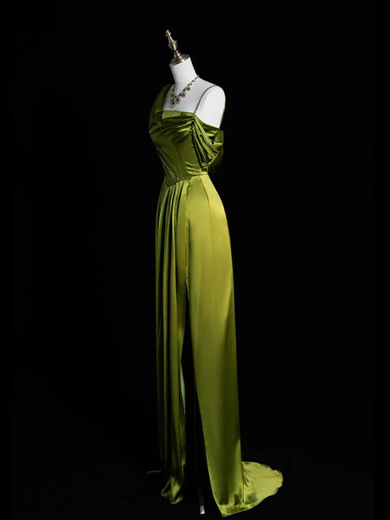 Robe de soirée longue fendue en satin vert doux à une épaule vintage A-Line nv3366