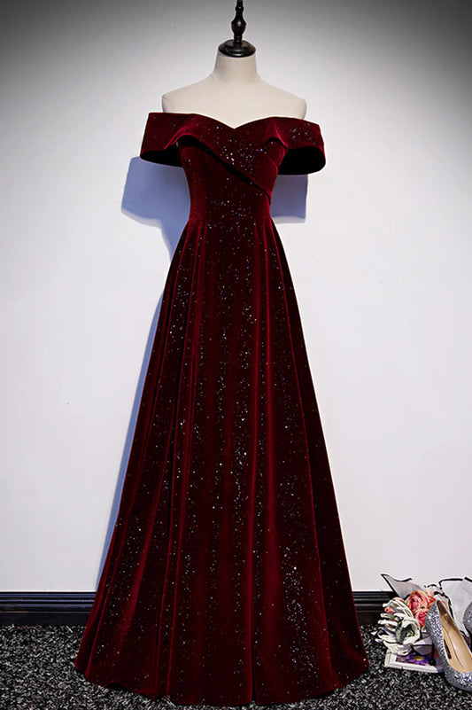 Burgundy Velvet Long Prom Dresses, Off the Shoulder Evening Dresses nv1573