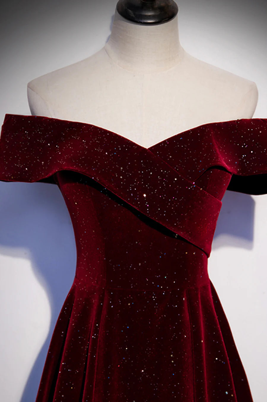 Burgundy Velvet Long Prom Dresses, Off the Shoulder Evening Dresses nv1573