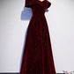 Burgundy Velvet Long Prom Dresses, Off the Shoulder Evening Dresses nv1573