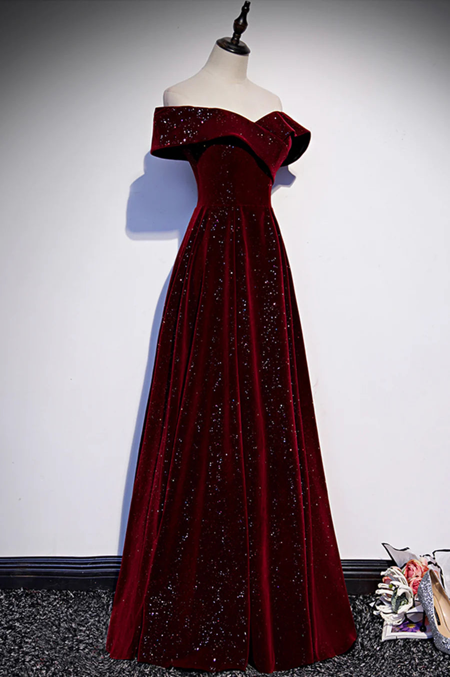 Burgundy Velvet Long Prom Dresses, Off the Shoulder Evening Dresses nv1573