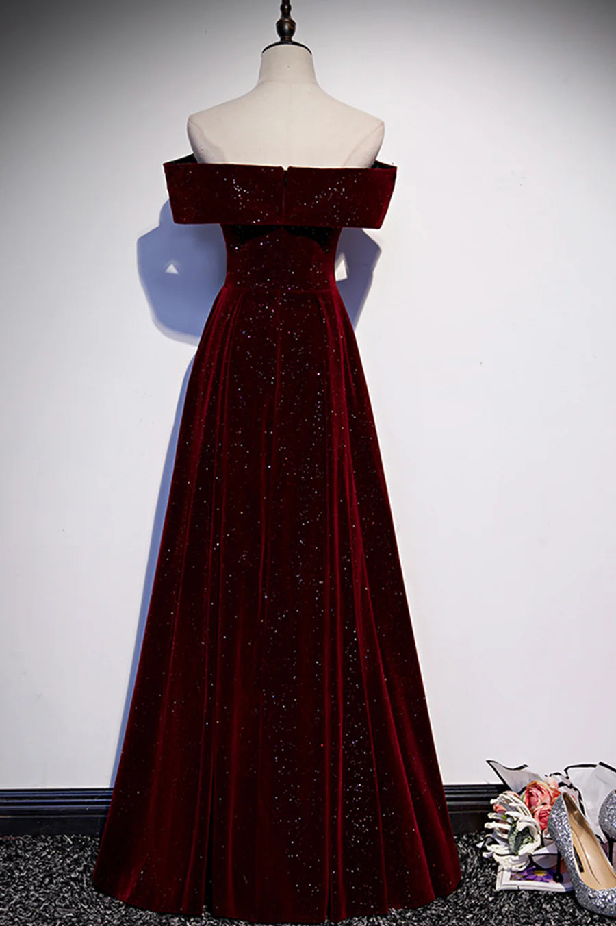 Burgundy Velvet Long Prom Dresses, Off the Shoulder Evening Dresses nv1573