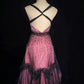 Pink Elegant Exquisite Beaded Lace Sexy Spaghetti Strap Sleeveless Short A-Line Tulle Homecoming Dress Birthday Party Dress Evening Gown nv3803