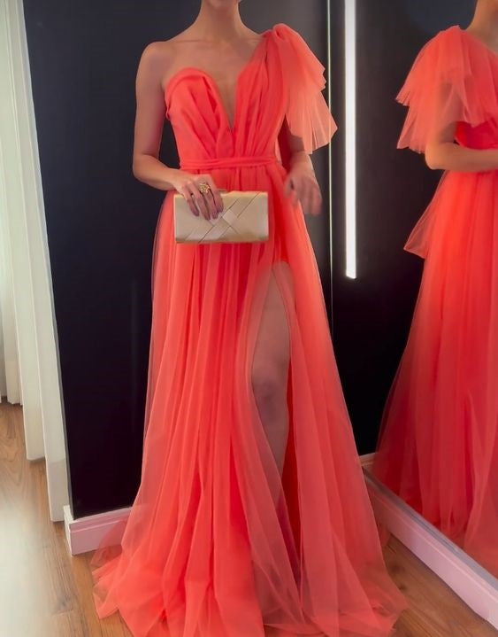 Red simple chiffon elegant small low neck one shoulder off shoulder long slit ball gown evening dress party dress nv2485