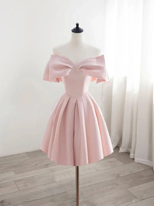 Decorated with a big bow on the front Cute pink satin short homecoming dress graduation dress nv1732