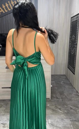 Green Long Pleated Tie Back Evening Dress nv1714