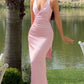 Robe de soirée longue rose simple et élégante à col en V et bretelles larges nv2404