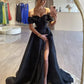 A-Line Off Shoulder Satin Black Long Prom Dress, Black Long Evening Dress nv1501