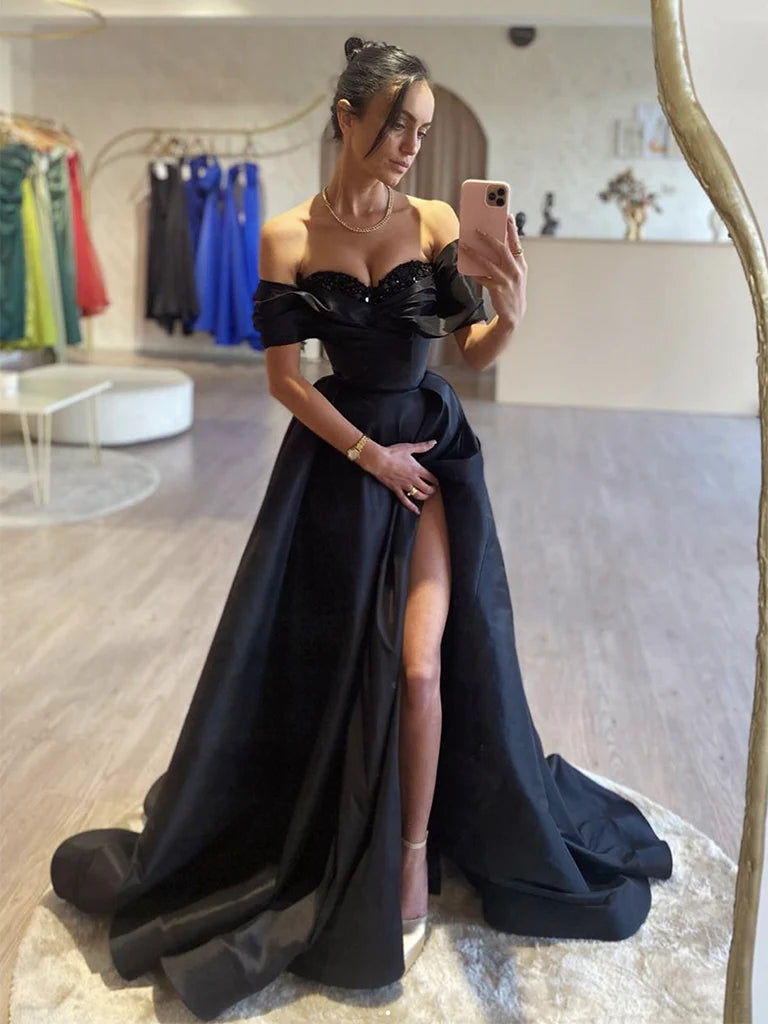 A-Line Off Shoulder Satin Black Long Prom Dress, Black Long Evening Dress nv1501