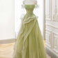 A-Line Off Shoulder Tulle Lace Green Long Prom Dress, Green Lace Long Formal Dress nv1498