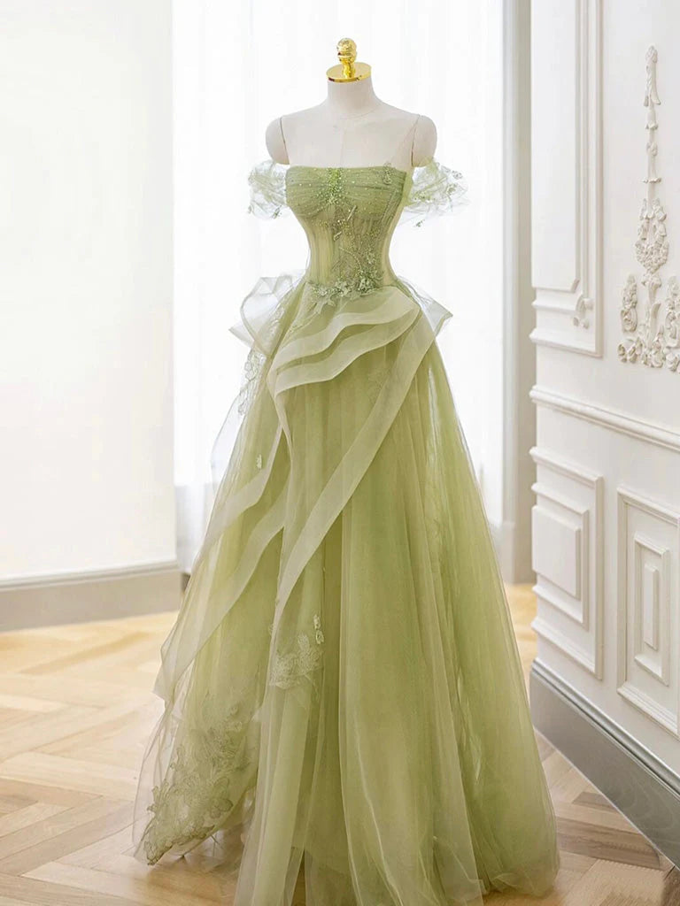 A-Line Off Shoulder Tulle Lace Green Long Prom Dress, Green Lace Long Formal Dress nv1498