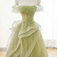 A-Line Off Shoulder Tulle Lace Green Long Prom Dress, Green Lace Long Formal Dress nv1498