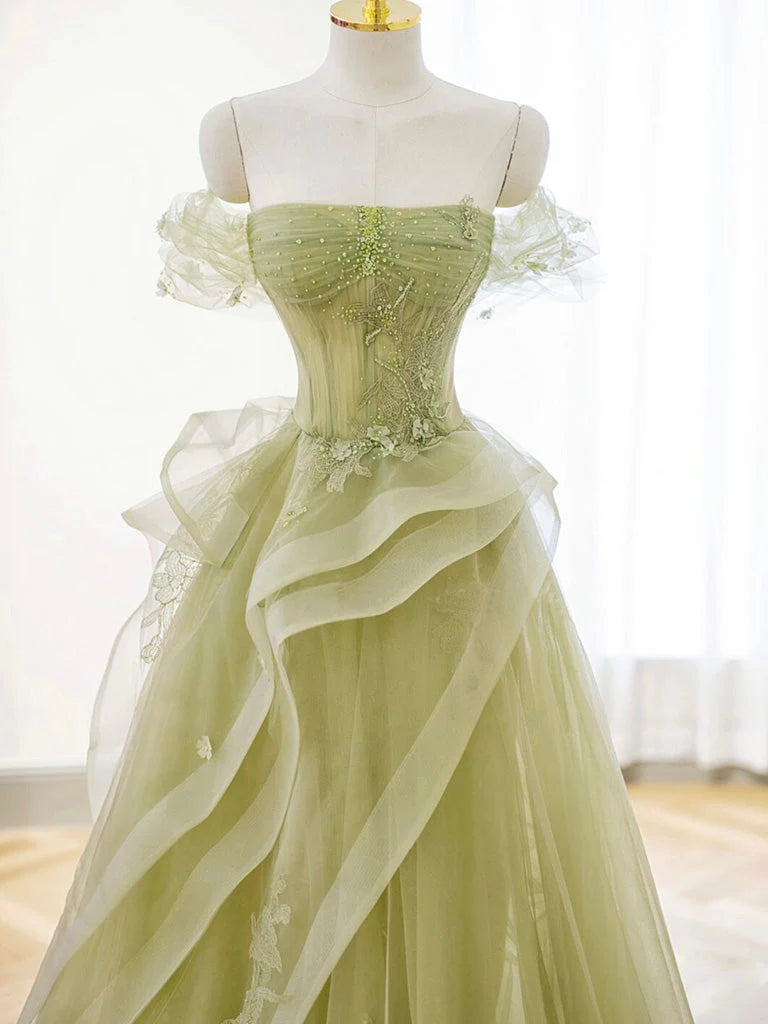 A-Line Off Shoulder Tulle Lace Green Long Prom Dress, Green Lace Long Formal Dress nv1498