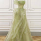 A-Line Off Shoulder Tulle Lace Green Long Prom Dress, Green Lace Long Formal Dress nv1498