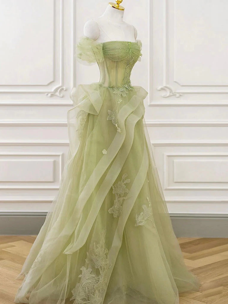 A-Line Off Shoulder Tulle Lace Green Long Prom Dress, Green Lace Long Formal Dress nv1498