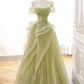 A-Line Off Shoulder Tulle Lace Green Long Prom Dress, Green Lace Long Formal Dress nv1498