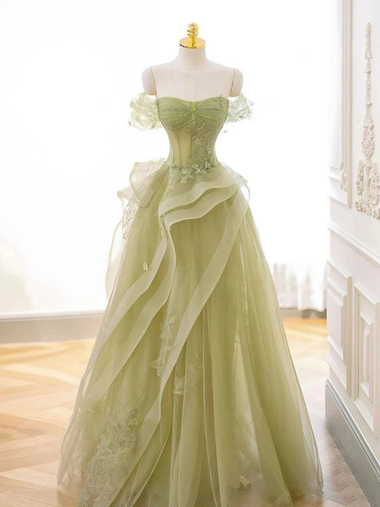 A-Line Off Shoulder Tulle Lace Green Long Prom Dress, Green Lace Long Formal Dress nv1498