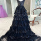 A-Line Sweetheart Neck Tulle Sequin Black Long Prom Dress, Black Formal Dress nv1468