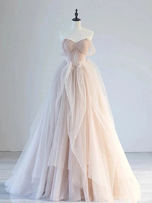 A-Line Off Shoulder Tulle Lace Champagne Pink Long Prom Dress, Lace Long Formal Dress nv1466