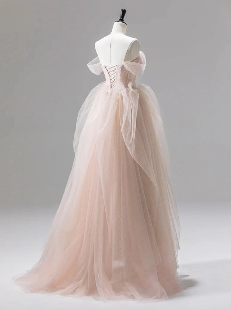 A-Line Off Shoulder Tulle Lace Champagne Pink Long Prom Dress, Lace Long Formal Dress nv1466