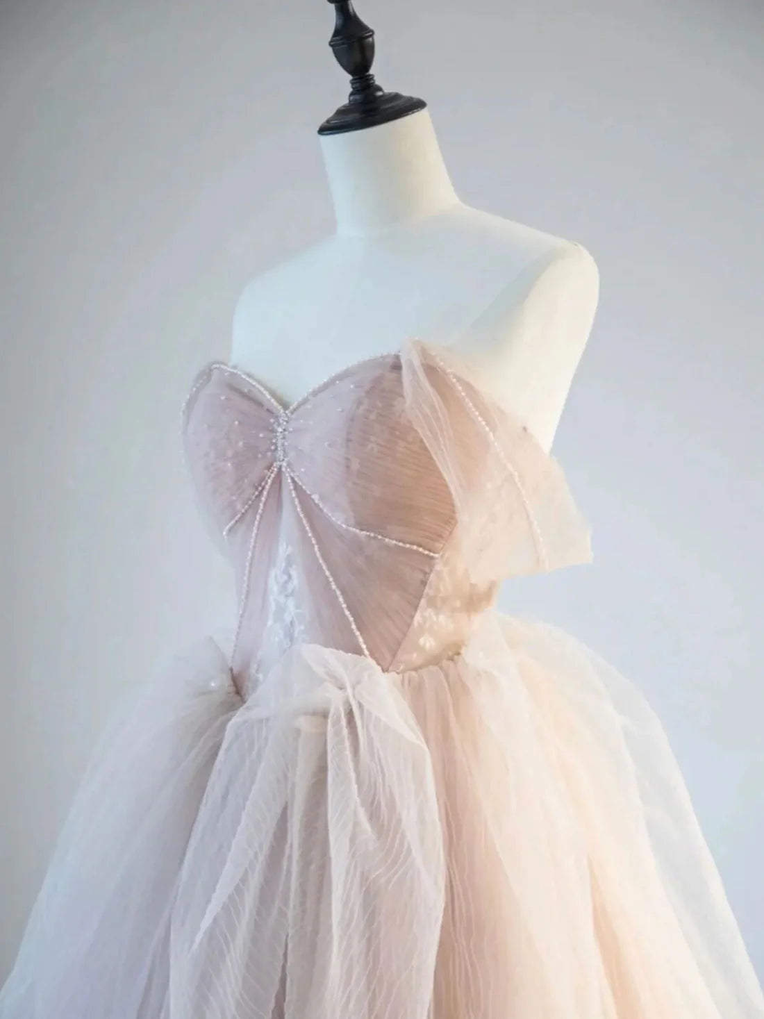 A-Line Off Shoulder Tulle Lace Champagne Pink Long Prom Dress, Lace Long Formal Dress nv1466