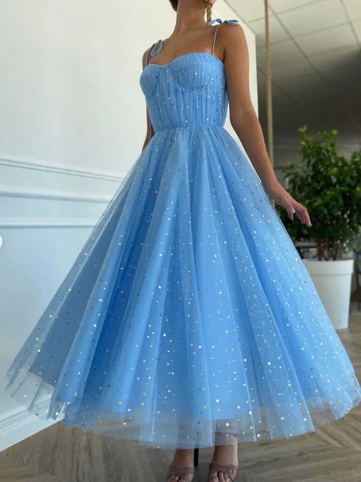 Blue Strap Sequined Midi tulle Prom Dress Evening Dress Homecoming Dress nv2696