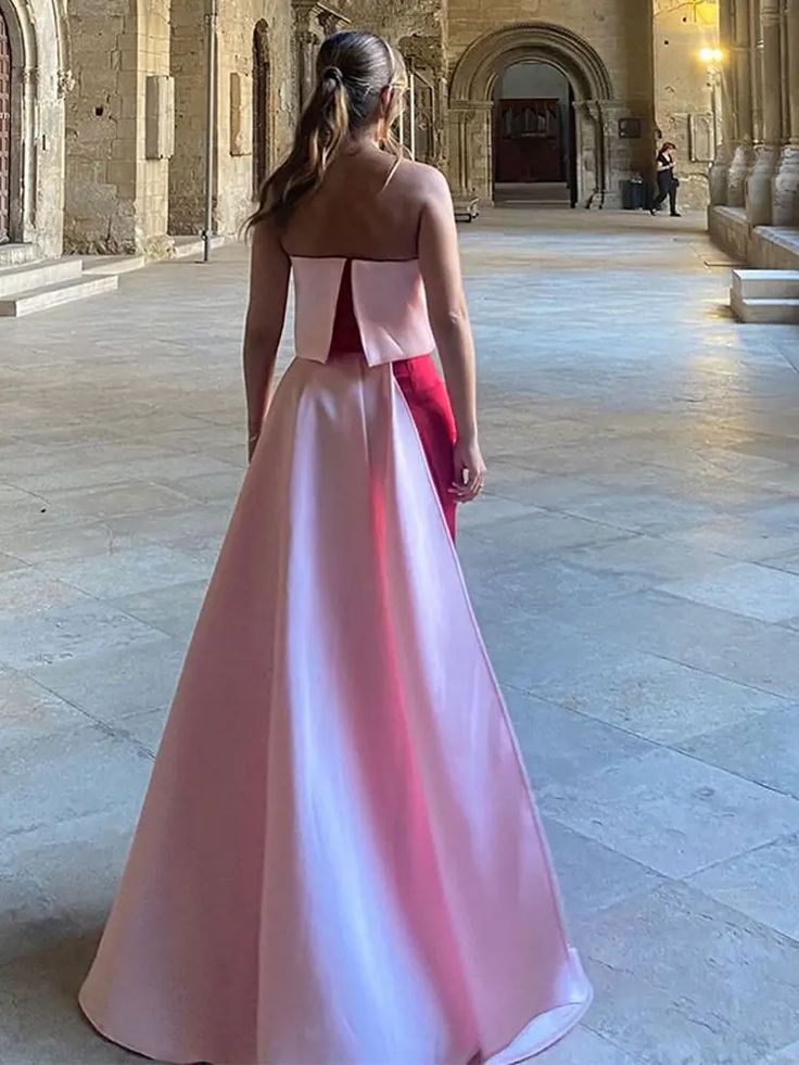 Elegant Red Pink Contrast Stitching Slit Satin Maxi Dress Women Off Shoulder Ladies Evening Dress Party Dress nv2734