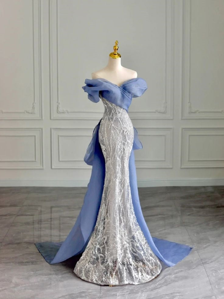 Robe de soirée longue élégante en dentelle à paillettes bleues brillantes nv3249