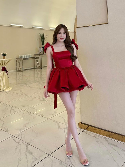 Burgundy Bowknot Shoulder Straps Fashion Cute Short Satin Homecoming Dress Birthday/Holiday Party Dress nv3081