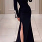 Black shiny elegant long slit satin sequin ball gown evening dress nv3177